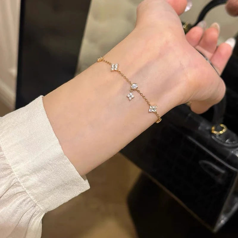 Anziw Certified D-E Moissanite Bracelet 925 Sterling Silver Women's Clover Flower Bracelets Adjustable S925 Chain Trendy Jewelry