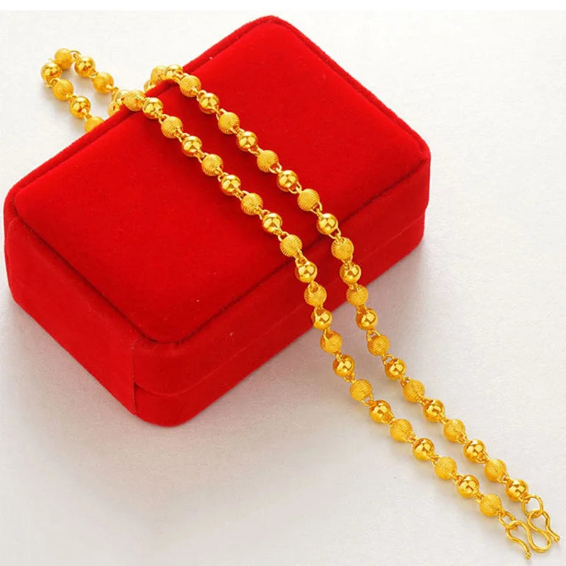 AU999 gold round bead necklace 24K real gold matte collarbone chain