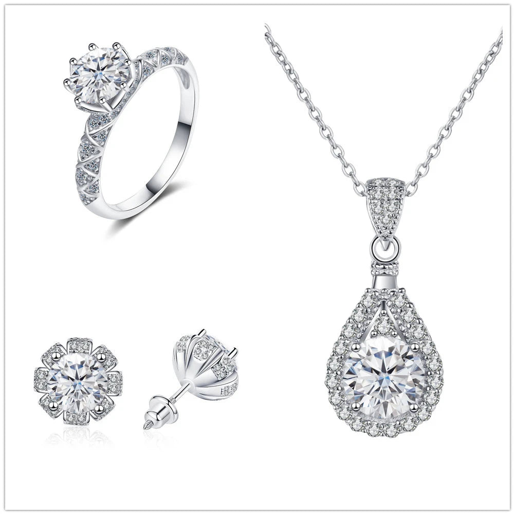 Certified Moissanite Necklace Engagement Ring Stud Earrings for Women4 CT Round Cut Moissanite Diamond Wedding Jewelry Set