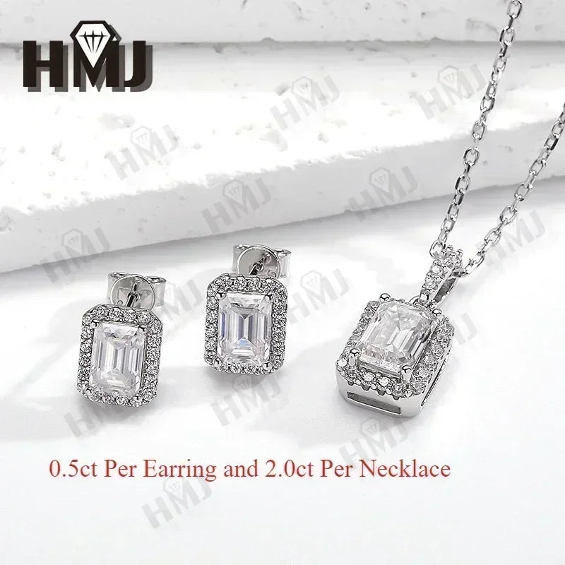 100% S925 Sterling Silver Moissanite earrings GRA Certified Emerald Cut Necklace Jewelry Sets For Women Fine Wedding Gift