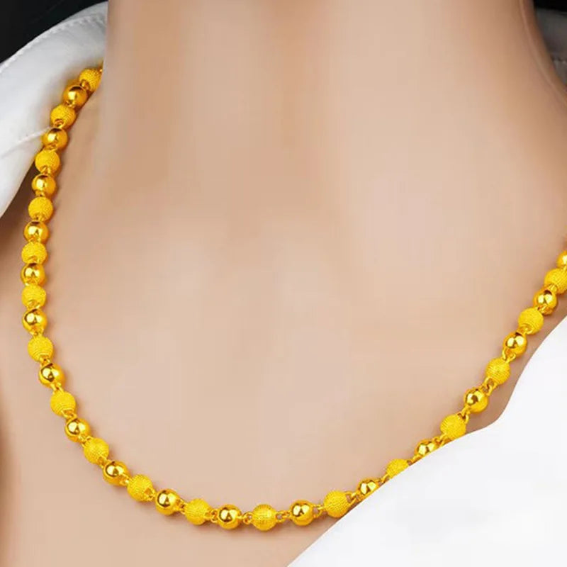 AU999 gold round bead necklace 24K real gold matte collarbone chain