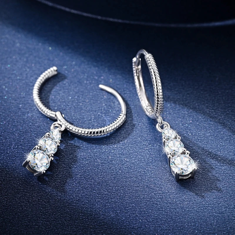 Moissanite Pandent Earrings 100% 925 Sterling Sliver Sparkling Three-Stone Earrings for Woman Ladies Bridal Wedding Party Jewely