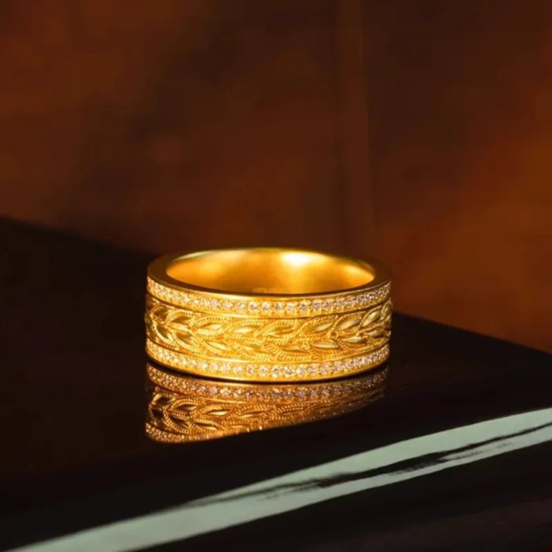 Luxury 999 24K real gold wheat ears inlaid diamond ring ancient method weaving index finger ring wealth rolling ring accessories