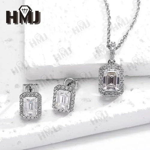 100% S925 Sterling Silver Moissanite earrings GRA Certified Emerald Cut Necklace Jewelry Sets For Women Fine Wedding Gift