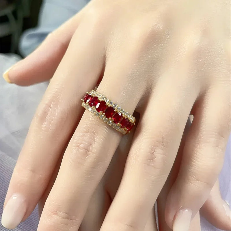 Luxurious 24K real gold ruby classic ring au999 gold group set round deep red tail ring for women
