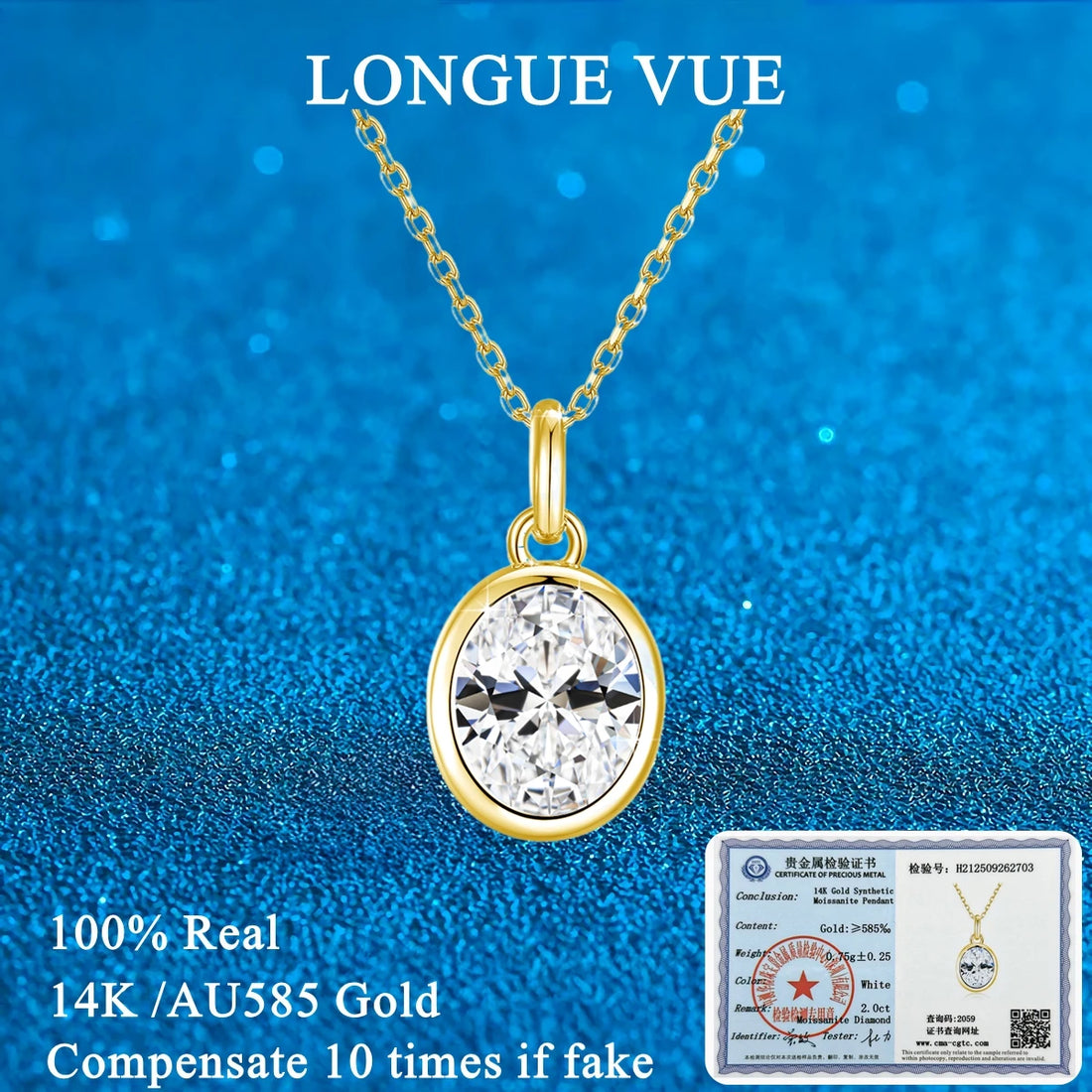 AU585 Gold 14K Oval Cut Moissanite Bezel Pendant Necklace for Women Wedding Party Fine Jewelry Valentine&