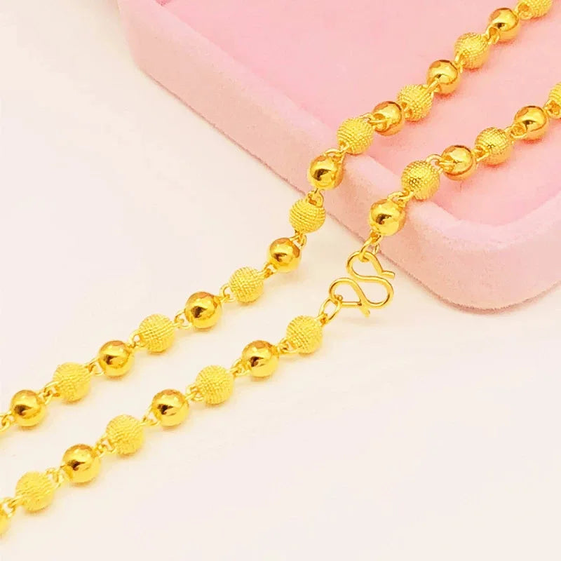 AU999 gold round bead necklace 24K real gold matte collarbone chain fashionable atmospheric and versatile men and women jewelry