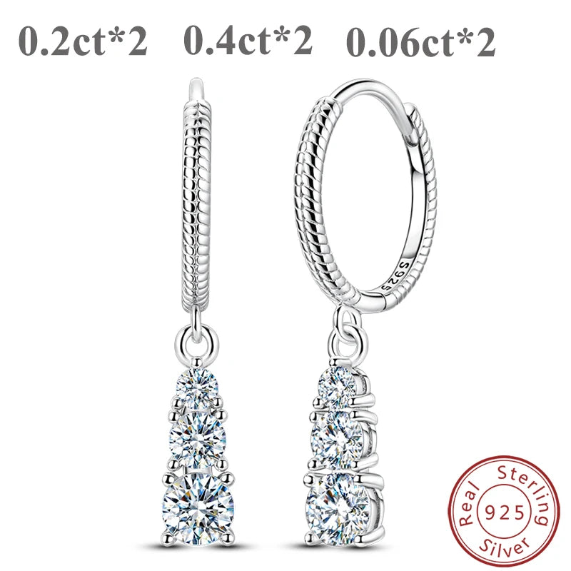 Moissanite Pandent Earrings 100% 925 Sterling Sliver Sparkling Three-Stone Earrings for Woman Ladies Bridal Wedding Party Jewely