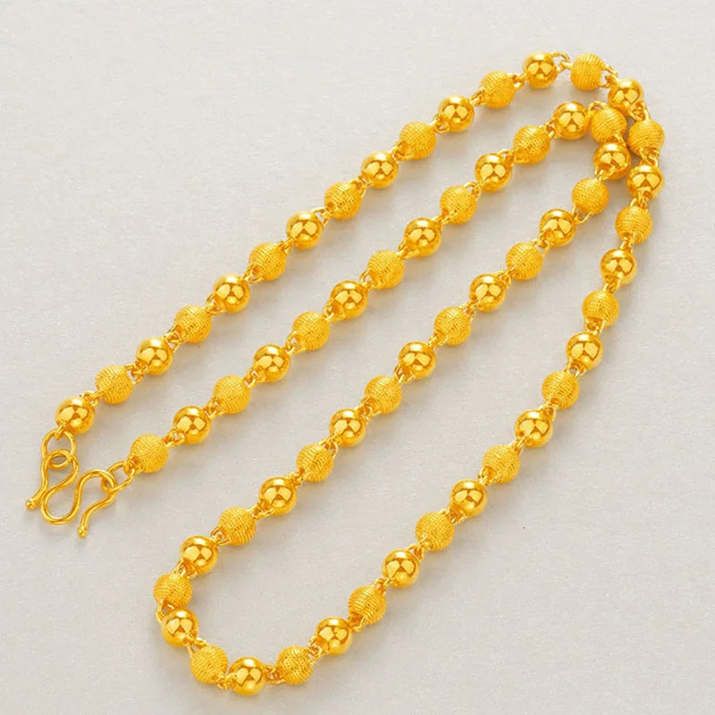 AU999 gold round bead necklace 24K real gold matte collarbone chain fashionable atmospheric and versatile men and women jewelry