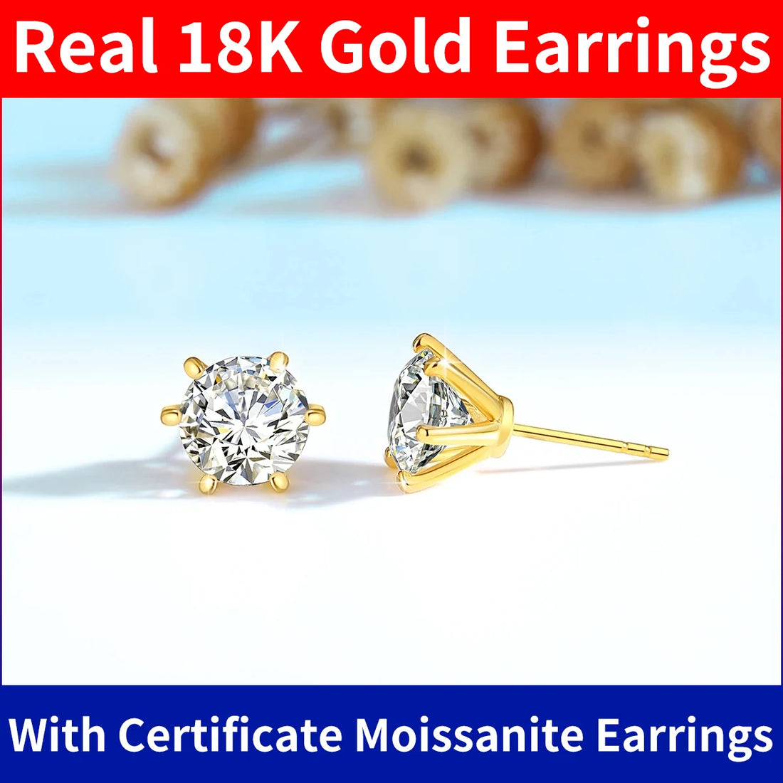 SZJINAO 18K Gold Moissanite Solitaire Earring Studs