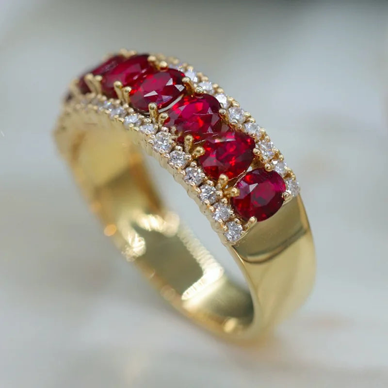 Luxurious 24K real gold ruby classic ring au999 gold group set round deep red tail ring for women