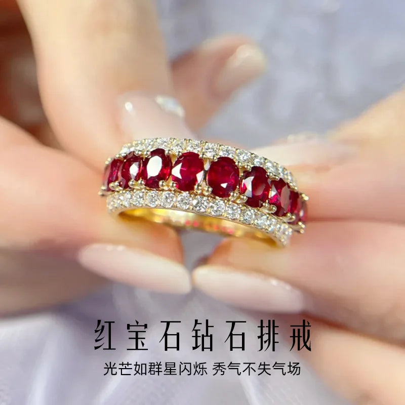 Luxurious 24K real gold ruby classic ring au999 gold group set round deep red tail ring for women